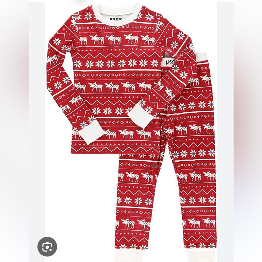 Lazy One Kids Red Nordic Moose Fair Isle Red Christmas Long John Pajamas